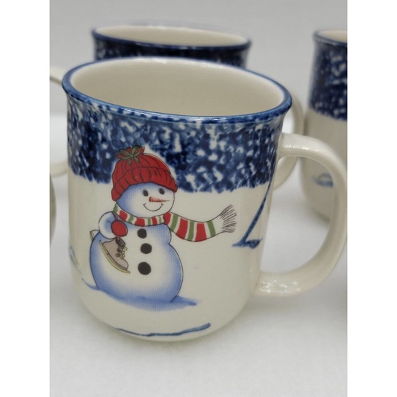 Set Of 8 New In Box Thompson Pottery Snowman Winter Scene Coffee Cups 8 oz. - Picture 8 of 10